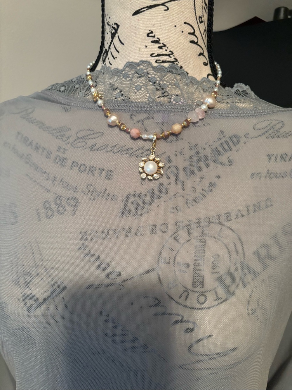 Gold Floral Charm Necklace with Pink
Quartz Beads and Pearls